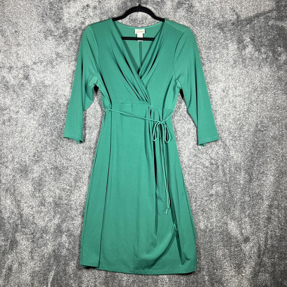 Motherhood Maternity Dress Womens L Green Wrap Belted V-Neck Knee Length